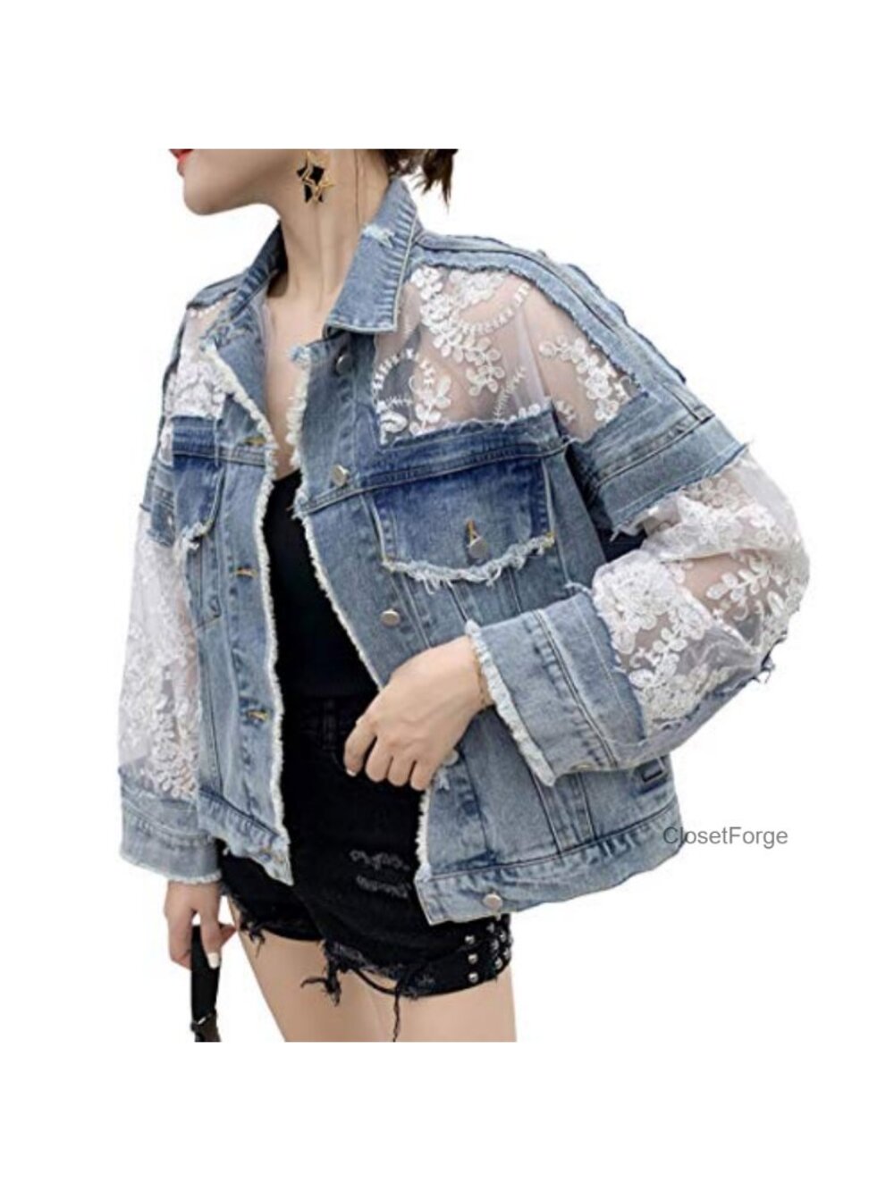 See Through Floral Embroidery Lace Crop Denim Jacket Ripped Distressed Jean